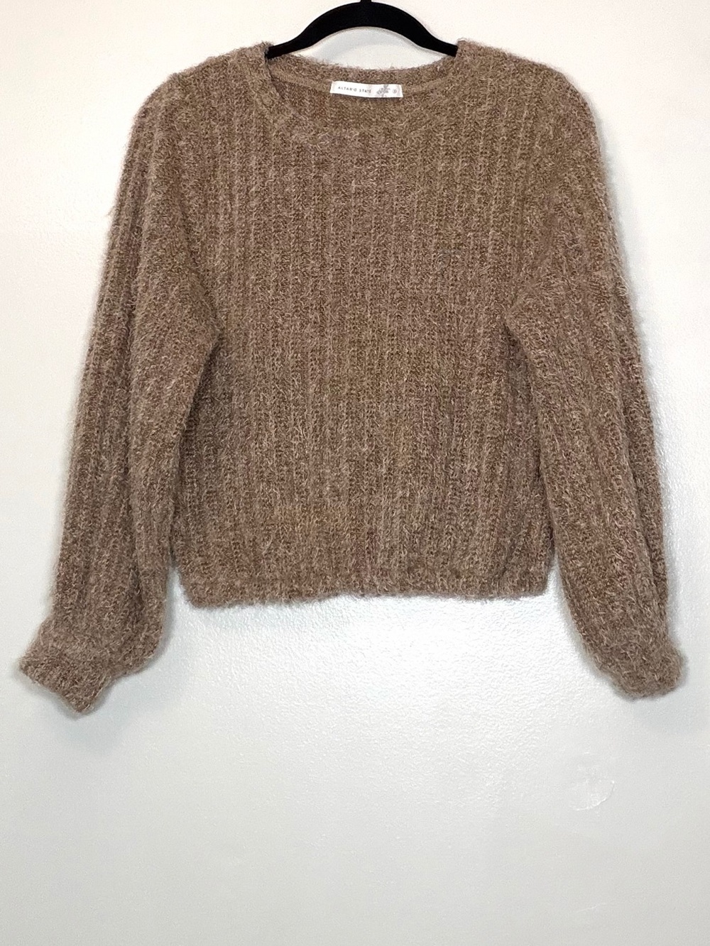 Altar'd State Taupe Fuzzy Crew Neck Sweater